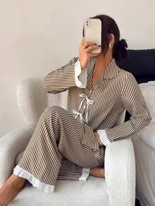 Napfluff Vintage Vertical Striped Pajama Set, Sweet Bowknot Decoration, Ruffle Cuff Patchwork Loungewear - Multicolor - View 6