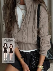 Livesso Tall Women's Knitted Cable Knit Casual Loose Sweater - Khaki - View 1