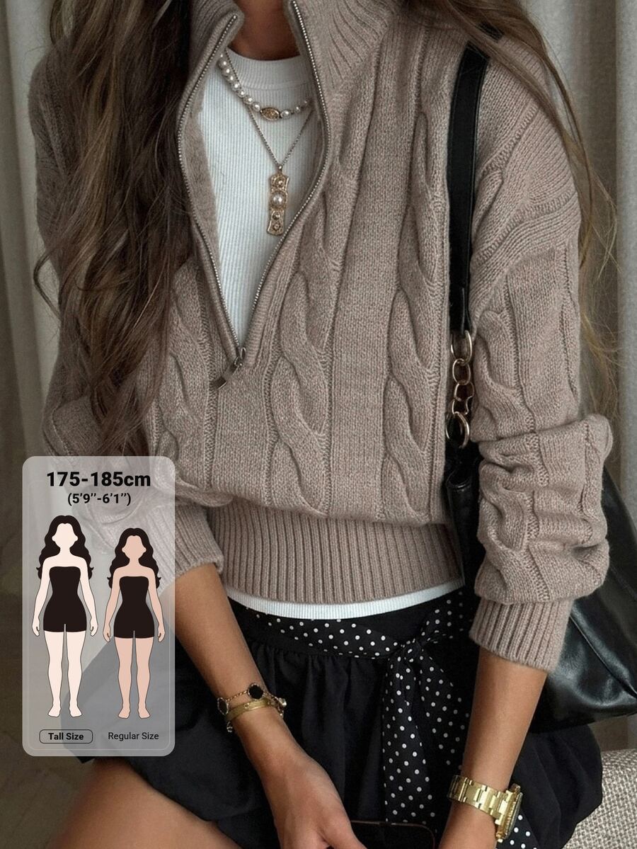 Livesso Tall Women's Knitted Cable Knit Casual Loose Sweater - Khaki - View 1