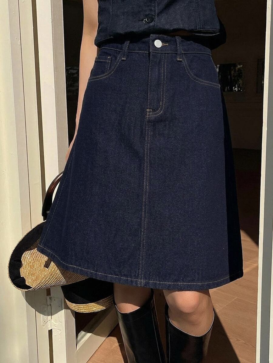 DAZY Women's Regular Mid-Waist A-Line 5-Point Denim Skirt, Casual Elegant Skirt - Dark Wash - View 1