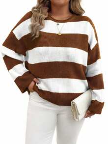 EMERY ROSE Plus Size Women's Striped Drop Shoulder Crew Neck Casual Pullover Sweater - Camel - View 4