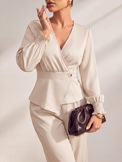 Uhlyne Uhlyne Women's Early Autumn New Apricot Two Pieces Set, V-Neck Cinched Waist Long Sleeve Pleated Top, Long Elastic Waist Straight Leg Pants, Apricot Two Pieces Set