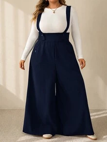 SHEIN CURVE+ جمبسوت نسائي مقاس كبير بلون موحد مع جيوب وتفاصيل مطوية، كاجوال للاستخدام اليومي، بساق واسعة، للخريف - أزرق بحري - مشاهدة 4