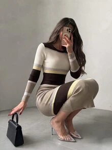 Modelyn فستان نسائي كاجوال يومي محبوك بتصميم ألوان متباينة - متعدد الألوان - مشاهدة 5