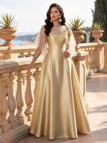 Auveirra Plus Size Women's Elegant Contrast Mesh Applique Dress - Gold - View 3
