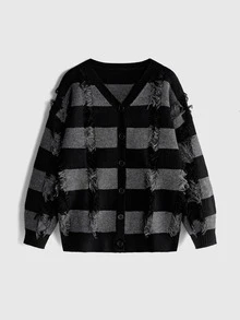 ROMWE Goth Women Distressed Checkered Fringe V-Neck Button Front Knit Cardigan, Drop Shoulder Grunge Sweater - Black - View 1