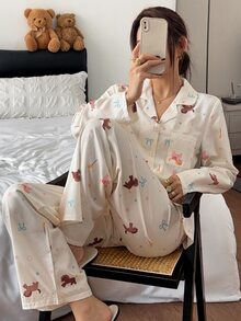 Napfluff Women's Bubble Crinkle Cartoon Pony Print Pajama Set, Spring/Autumn, Lapel Cardigan, Long Sleeve, Long Pants, Loose Fit, Cute Homewear, 2 Pieces Set - Beige - View 1