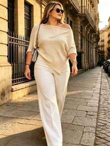 Ceyna Plus Size Women Solid Khaki Cape Shawl Sweater Casual Versatile Daily Knit Top Suitable For Spring Summer Autumn - Khaki - View 5