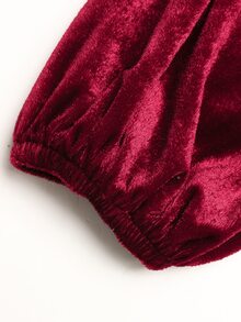 SHEIN 青少年女孩秋冬休閒度假優雅時尚天鵝絨純色彼得潘領泡泡袖A字洋裝，聖誕節 - 紅色 - 查看 8