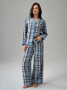 DAZY Women's Plaid Long Sleeve Top And Pants Casual Daily Home Pajama Set - Blue - View 1
