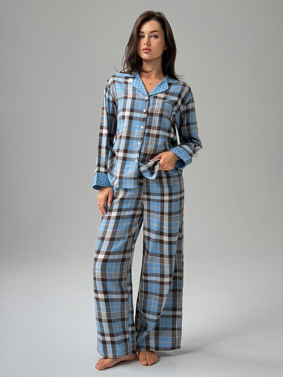 DAZY Women's Plaid Long Sleeve Top And Pants Casual Daily Home Pajama Set - Blue - View 1