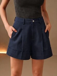 Anewsta Essential Fashionable Modern Commute Elegant High-End Army Green Women's Wide Leg Shorts, Festival Going Out Summer Outfits For Women - Navy Blue - View 3