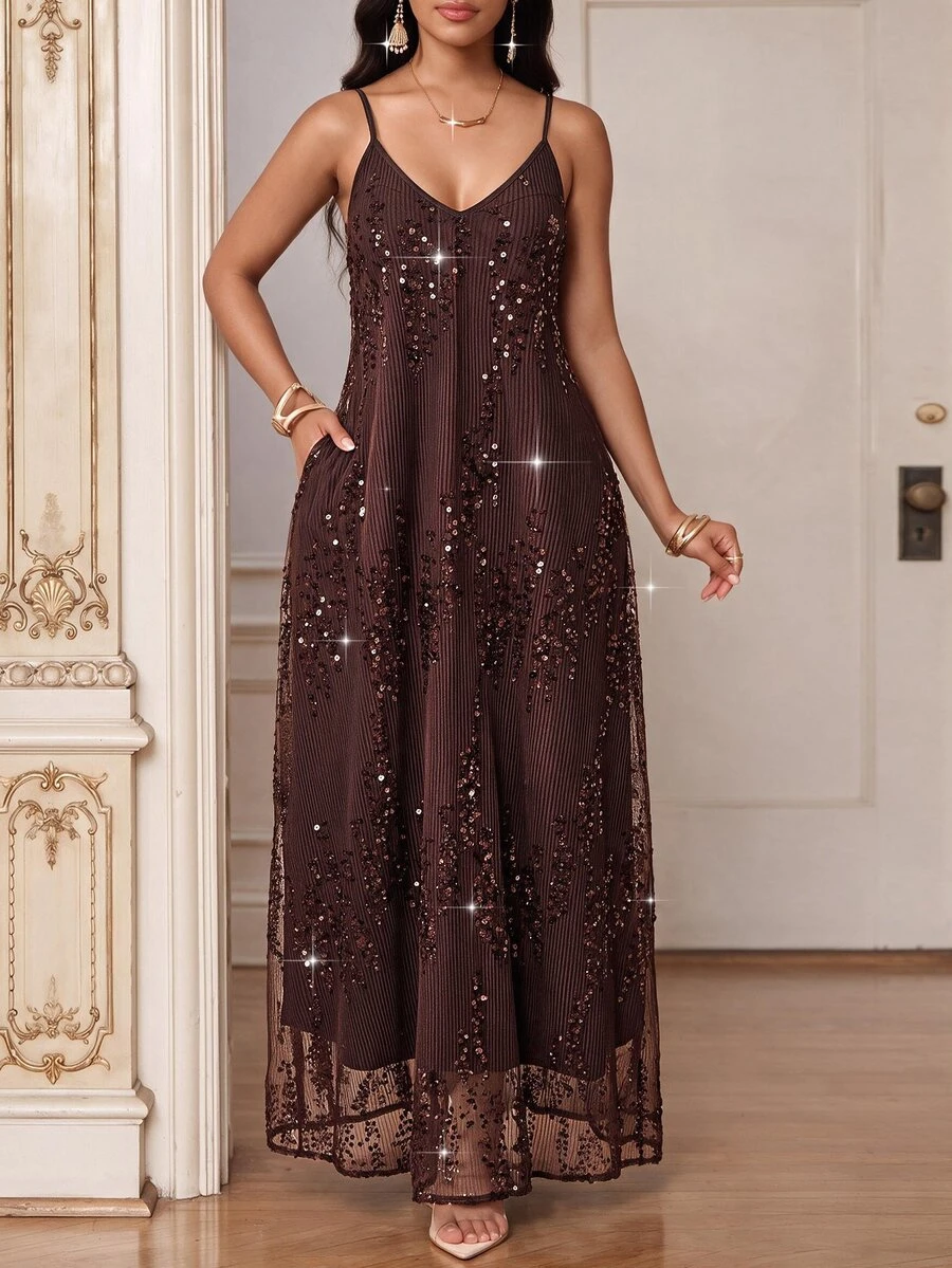 Fleurora Women's Luxury Delicate Sequin Spaghetti Strap Dress - Brown - View 1