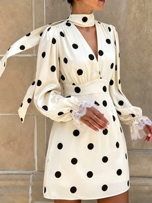 SHEIN LUNE Short Sleeve Black White Polka Dot Elegant French Vintage Vacation Casual Dress Brunch Tea Party - Multicolor - View 2