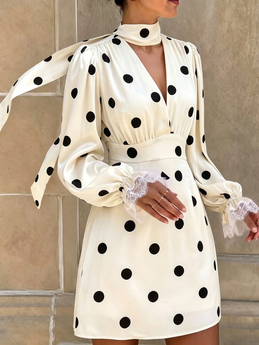 SHEIN LUNE Short Sleeve Black White Polka Dot Elegant French Vintage Vacation Casual Dress Brunch Tea Party