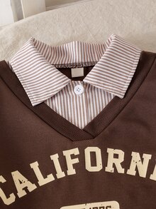 SHEIN 女童時尚寬鬆休閒翻領上衣 2合1設計 + 條紋格紋百搭裙，學院風 - 棕色 - 查看 4