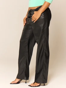 MUSERA Black PU Low Rise Lace Up Straight Leg Pants Autumn Winter Going Out Date Night Sexy Halloween - Black - View 3