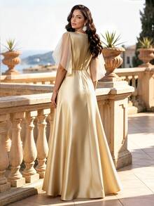 Auveirra Plus Size Women's Elegant Contrast Mesh Applique Dress - Gold - View 5