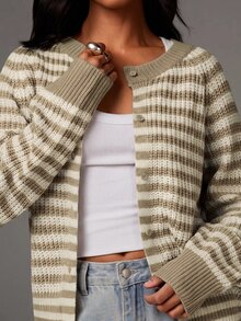 Athîral Women's Striped Raglan Long Sleeve Knit Thin Cardigan - Khaki - View 5