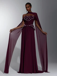 Elitara Elegant Romantic Luxury Elastic Knit Cold Shoulder Off-Shoulder Fabric Ruched Rope Luxury Rhinestone Embellished Bodycon A-Line Dress With Flounce, Suitable For Holiday Celebrations, Weddings, Balls, Concerts, Business Guest Banquets, Internet Celebrity Events, Women's Heavy Workmanship Evening Gown - Hot Pink - View 6