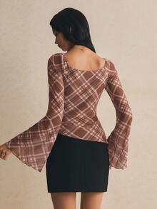 Poéselle Women's Plaid Square Neck Raglan Flare Sleeve Fashion Top - Brown - View 2