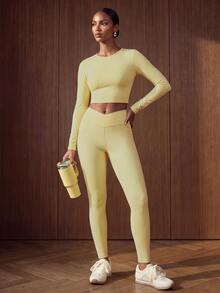 Zivah Women's Long Sleeve Minimalist Top And Criss-Cross Waist Pants Sports Set - Yellow - View 8