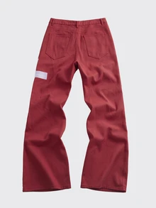 ROMWE MEN Jeans de mezclilla casuales para hombre con diseño de botones y patrón cruzado - Rojo - Ver 2