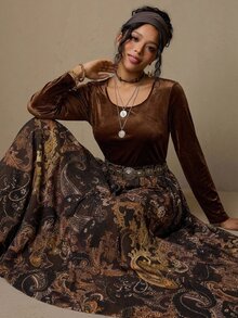 Freevana 2 In 1 Velvet Maxi Dress With Paisley Skirt, Boho Layered High-Waist Long Sleeve For Autumn - Brown - View 6