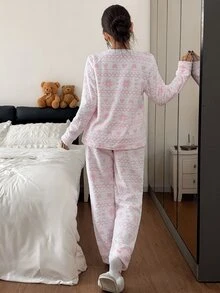 Napfluff Women's Plush Fair Isle Snowflake Bow Cute Pullover Long Sleeve Pants Pajama Set - Pink - View 2