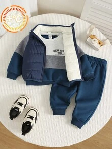 SHEIN 男嬰/幼兒 3件組秋冬保暖內裡加厚休閒可愛拼色拼接衛衣套裝，保暖內裡背心填充外套，嬰兒冬季套裝，刷毛加厚 - 藏蓝色 - 查看 6