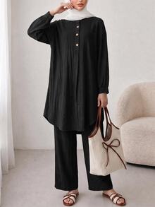 Solavon Solid Button Front Longline Blouse & Pants - Black - View 7