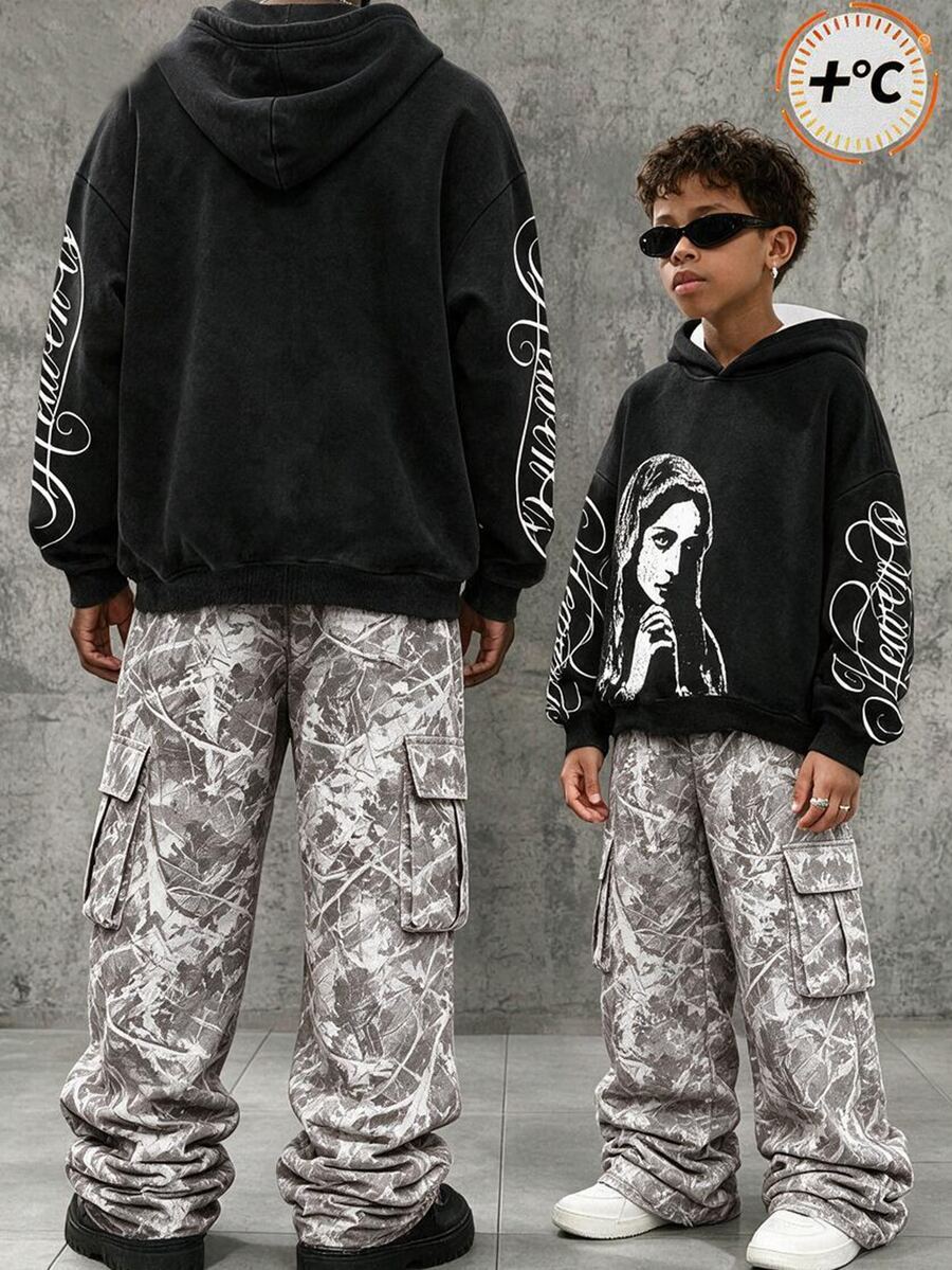 SHEIN 青少年男孩字母印花長袖保暖內裡運動衫 - 黑色 - 查看 1