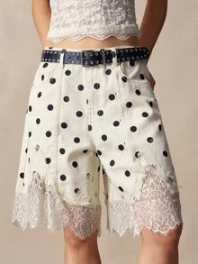 Bohemela Women's Lace Patchwork Polka Dot Casual Daily Shorts - Apricot - View 4