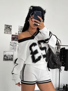 Jeanoix Hot Girl American Style 23 Letter Loose Knit Sweater + Striped Knit Shorts Casual 2 Pieces Set - White - View 1