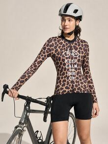 Exploreva Exploreva 女款豹紋拉鍊長袖單車上衣 - 棕色 - 查看 4