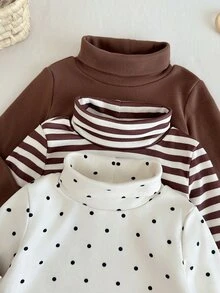 SHEIN Vintaside Kids 3件組幼兒女嬰高領上衣 可愛學院風 棕色白色波點條紋 長袖高領 常規版 生日派對 秋冬毛衣 - 彩色 - 查看 8