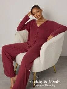 Ocili 極簡舒適無領軟質女款居家休閒套裝 - 玫瑰紅 - 查看 1