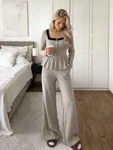 Easowa Casual Relaxed Elegant Commute Old Money Style Autumn/Winter Women's 2 Pieces Outfit,Contrast Trim Square Neck Metal Decor Button Ruffle Hem - Multicolor - View 2
