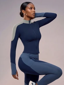Zivah Women's Colorblock Zipper Long Sleeve Top And Leggings Casual Daily Sports Set - Multicolor - View 8
