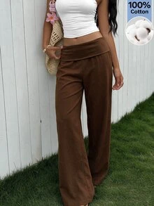 SHEIN EZwear Women's Solid Color Pleated Casual Versatile Daily Wear Long Pants - Brown - View 6