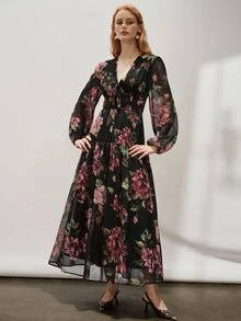 Aveloria Modichic 女款 A 字長洋裝 雪紡 V 領燈籠袖 分層抽繩設計 優雅黑色花卉長裙 秋季女裝長洋裝 - 棕色 - 查看 5