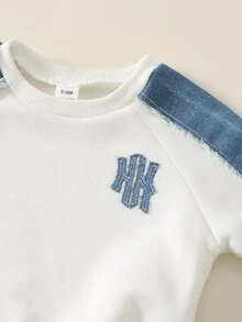 SHEIN 男女嬰兒/幼兒 2件組秋冬加厚抓絨內裡休閒可愛拼色拼接插肩袖衛衣套裝，丹寧，嬰兒冬季穿搭，聖誕 - 白色 - 查看 3