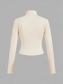 SHEIN EZwear 3件裝休閒極簡風棕色卡其米色針織拉鍊長袖女款T恤，適合秋冬穿著 - 彩色 - 查看 5