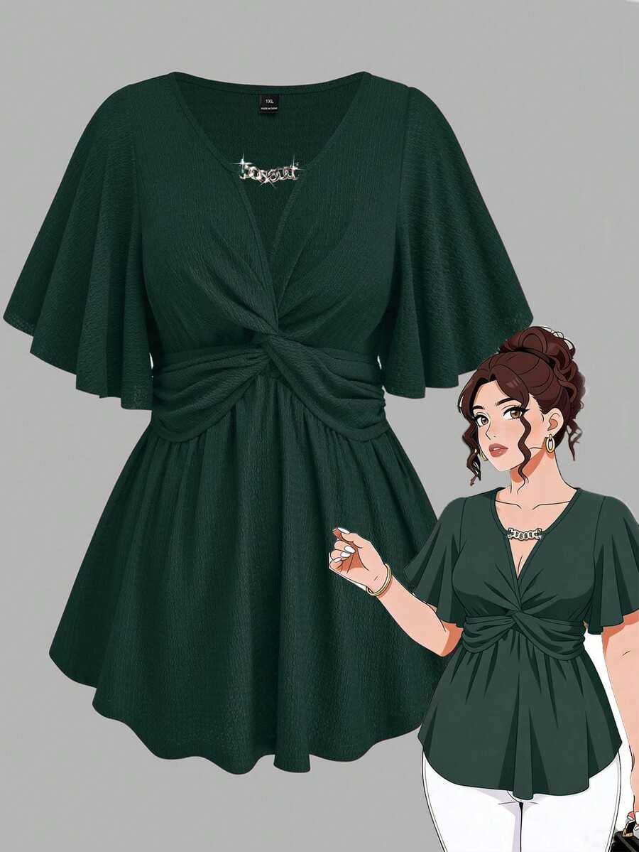 EMERY ROSE Plus Size Women Spring/Summer Chain Splice Ruffle Twist Waist Knitted Solid Color Elegant Graceful A-Line V-Neck T-Shirt Top - Dark Green - View 1