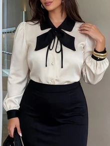 Cravure Plus Size Women's Autumn/Winter Contrast Collar Contrast Bowknot Tie-Up Elegant Commute Daily Blouse - Multicolor - View 3