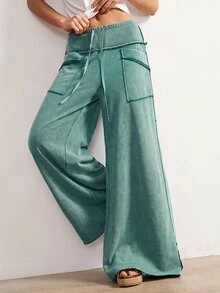Bohemela 休閒純色針織女款長褲 日常外出度假款 秋季 鴨綠色 - 藍色 - 查看 5