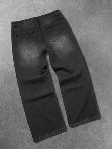 Manfinity EMRG Men's American Casual Commute Small Design Cement Dark Gray Washed Loose Straight Wide Leg Pants - Dark Grey - View 4
