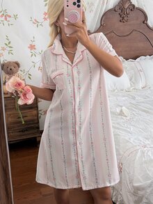 CottageSlumber Women's Romantic Ditsy Floral Short Sleeve Lapel Nightgown - Multicolor - View 1