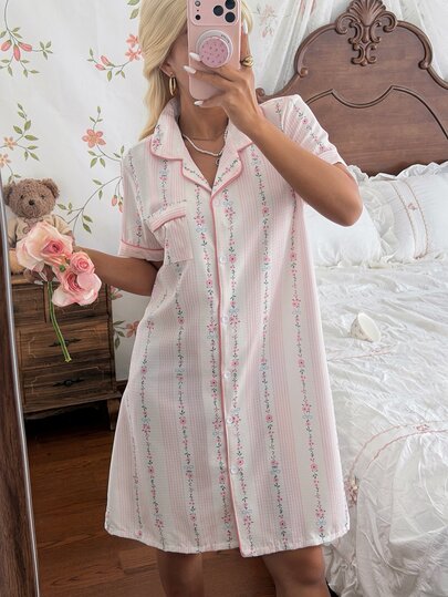 CottageSlumber Gaun Tidur Wanita Lengan Pendek Berkerah Motif Bunga Kecil Romantis
