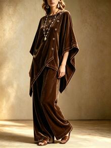 Zayélia Women's 2 Pieces Set, Autumn/Winter 2 Pieces Set, Velvet Set - Coffee Brown - View 6
